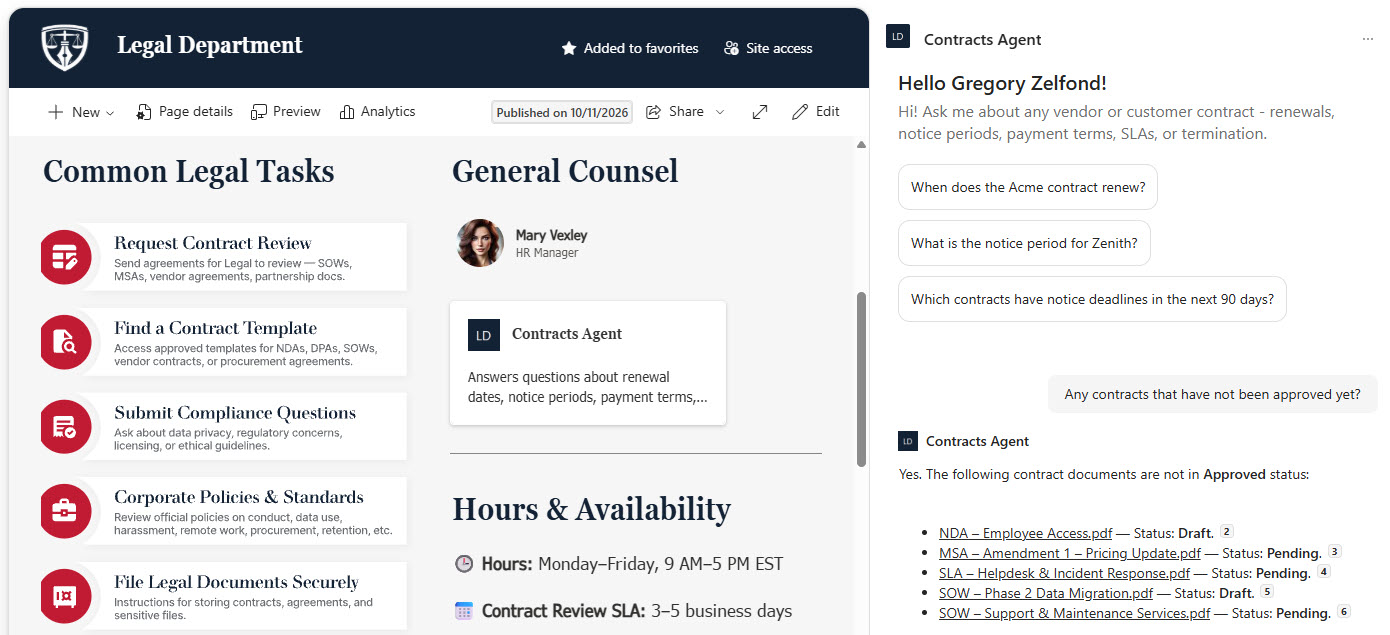 Legal Department Site with Contracts Agent Chat (via Agent Link Web Part)