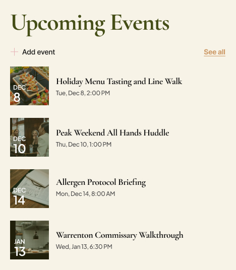 Event and Catering Company Intranet Upcoming Events