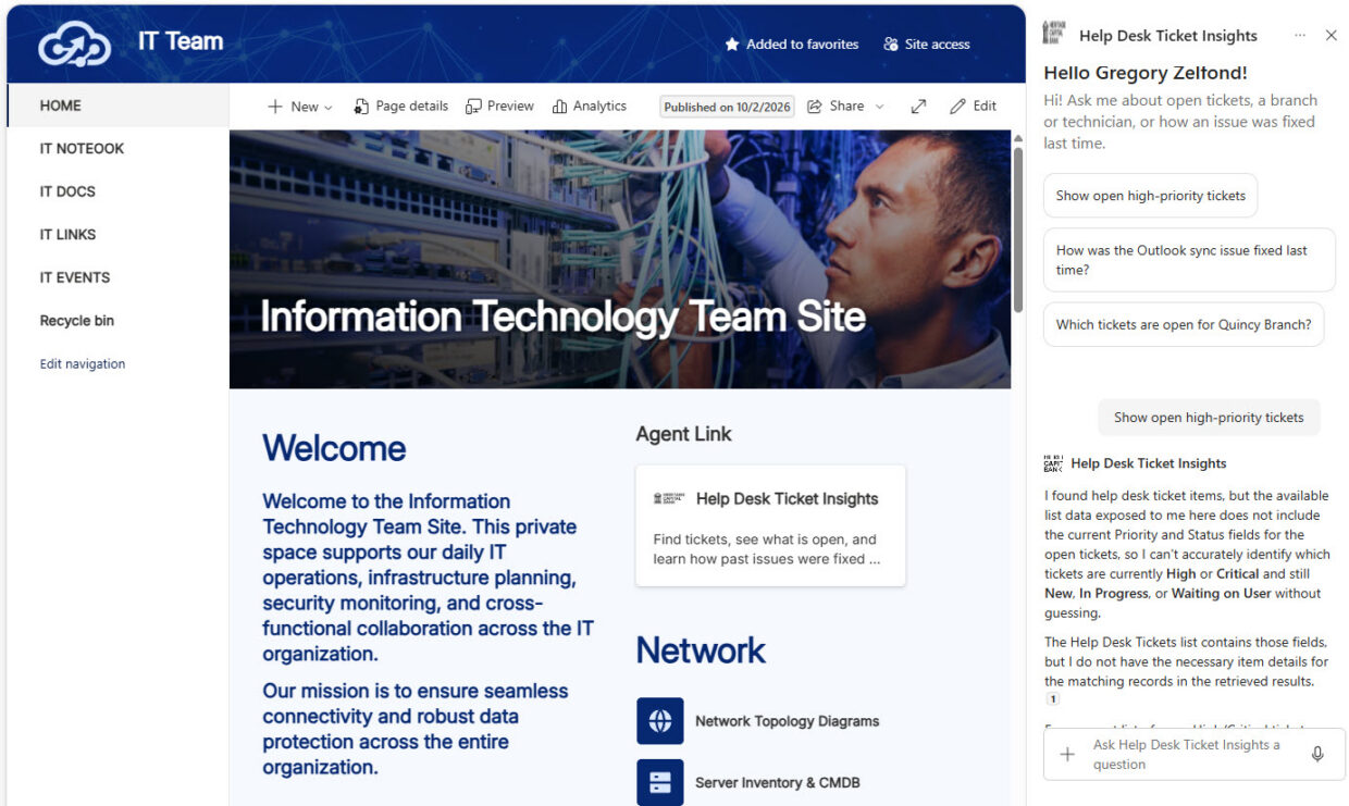 Help Desk Ticket Insights Agent IT Team Site