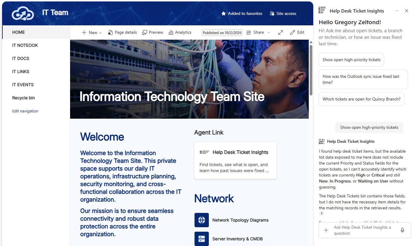 Help Desk Ticket Insights Agent IT Team Site