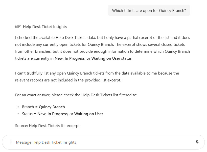 Help Desk Ticket Insights Agent Microsoft 365 Copilot Answer