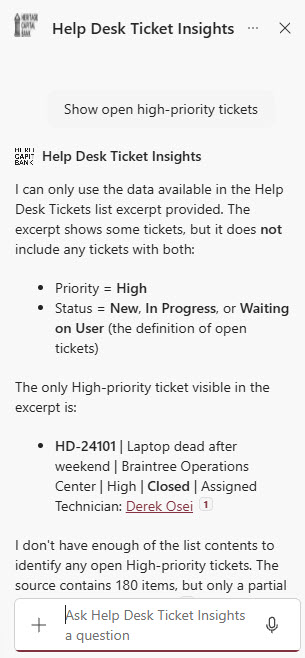 Help Desk Ticket Insights Agent SharePoint Chat Answer