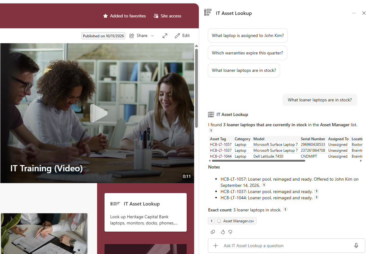 IT Asset Lookup Agent Chat via the Agent Link on the Homepage