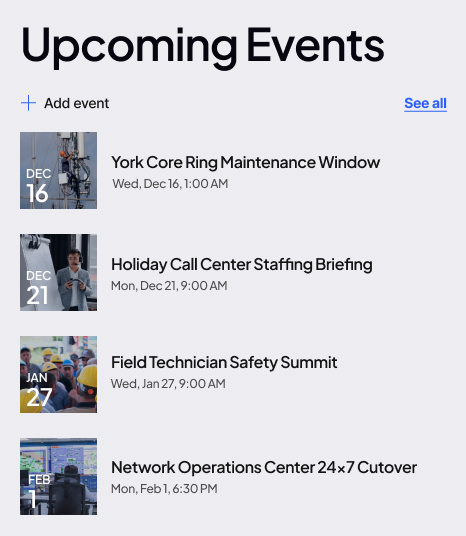 Telecom Provider Intranet Upcoming Events