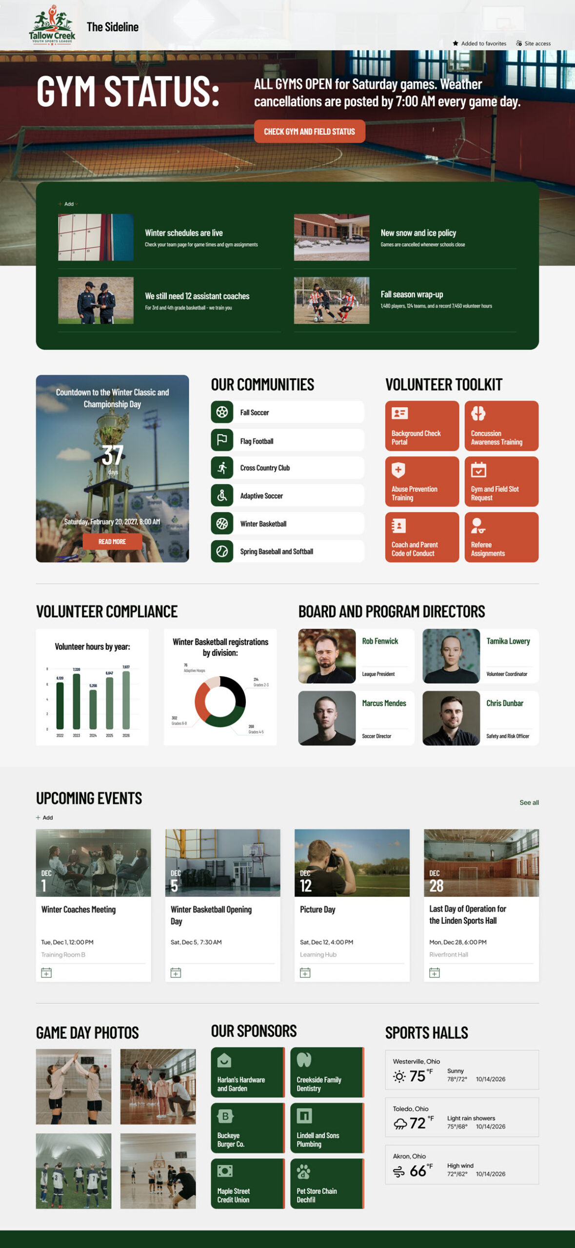 Youth Sports League Intranet Homepage